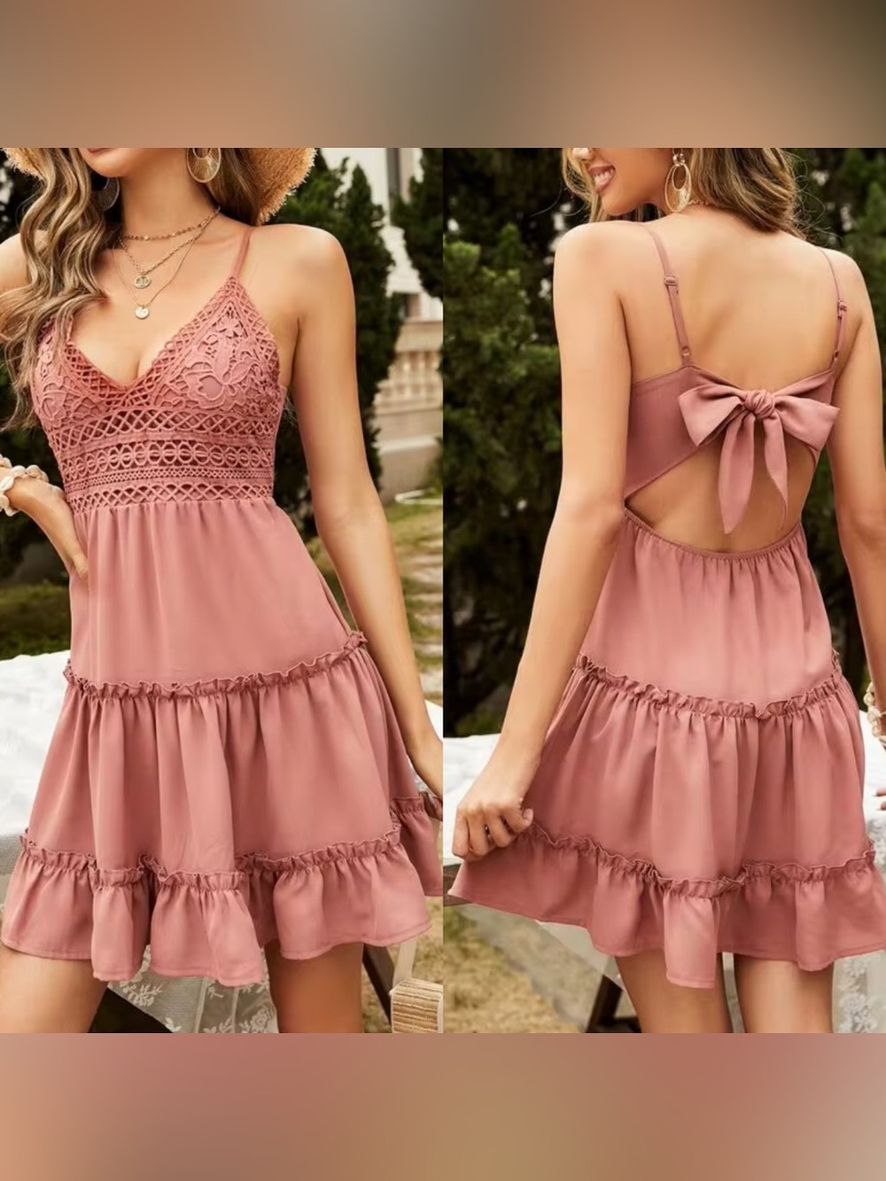 Lace Frenchy Contrast Back Tie Ruffle Mini Dress Peach Size S Boho Summer Girly